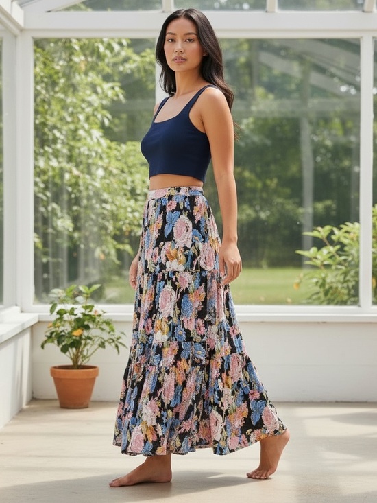 Rachel Zoe Dresses & Skirts - Rachel Zoe Navy/PinkFloral Tiered Bohemian Maxi Skirt M
